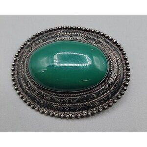Vintage Sterling Silver JM Green Onyx Brooch 925